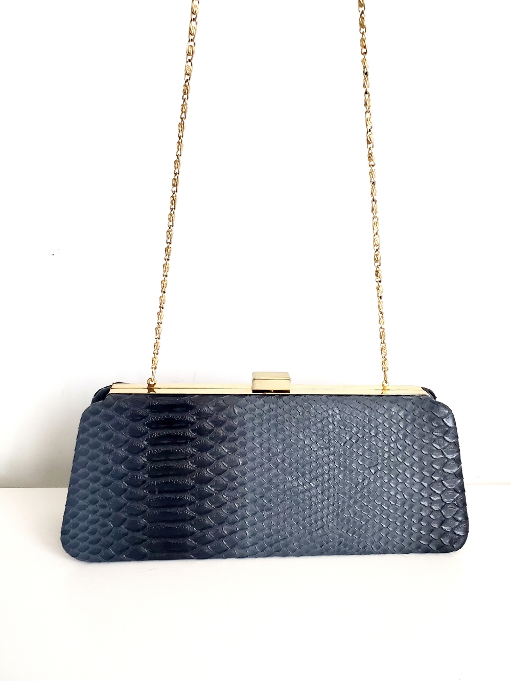 Bijoux Terner Navy Snake-Embossed Clutch with Gold Chain